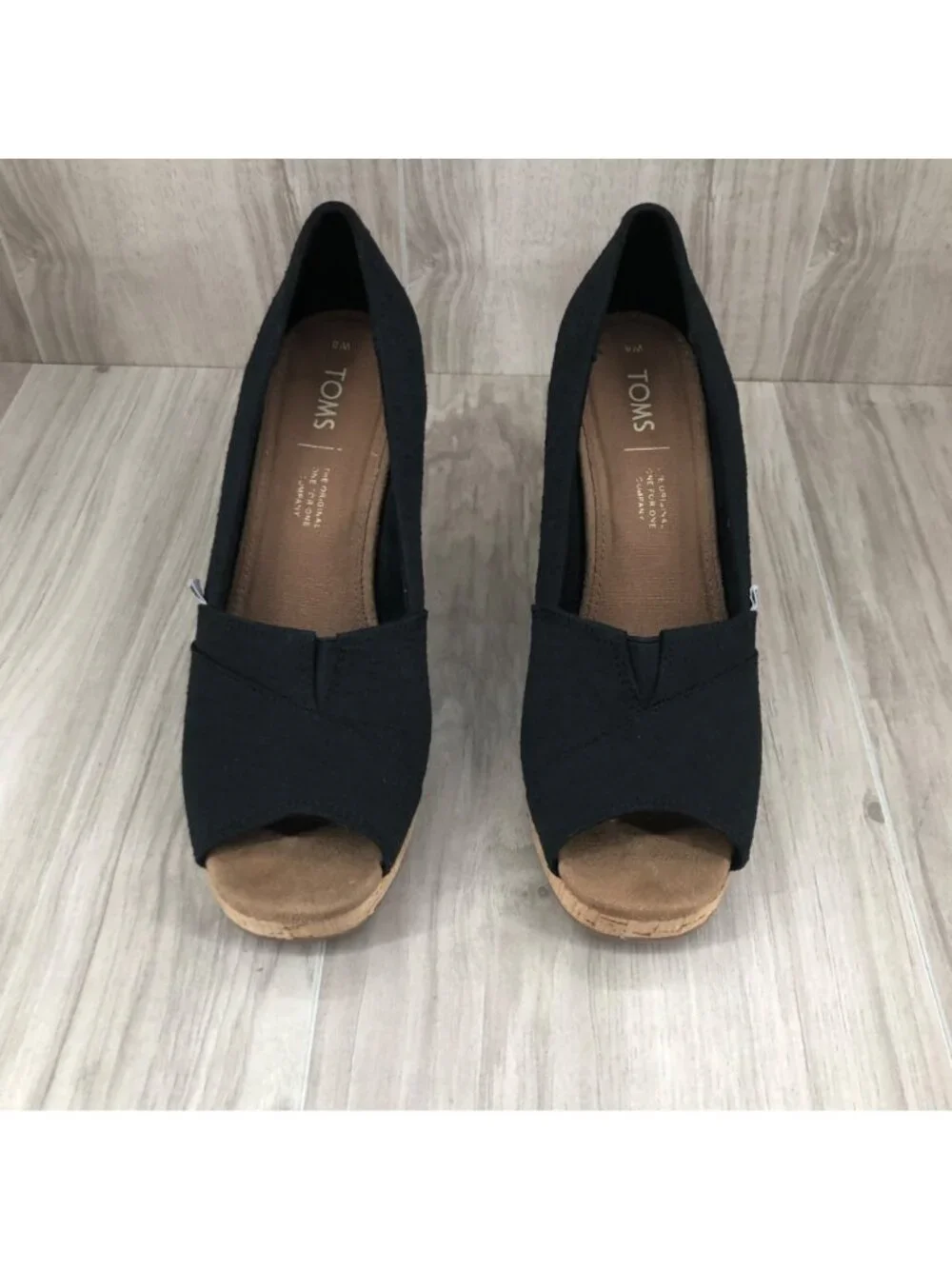 Toms Wedges Womens 8 Black Slip On Peep Toe Cork Wedge Shoes
